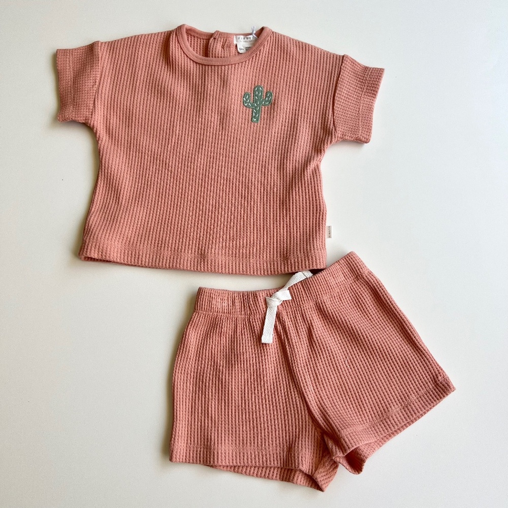 Petit Lem Fiery Coral Thermal Shorts Set 6M NWT Organic Cotton Blend